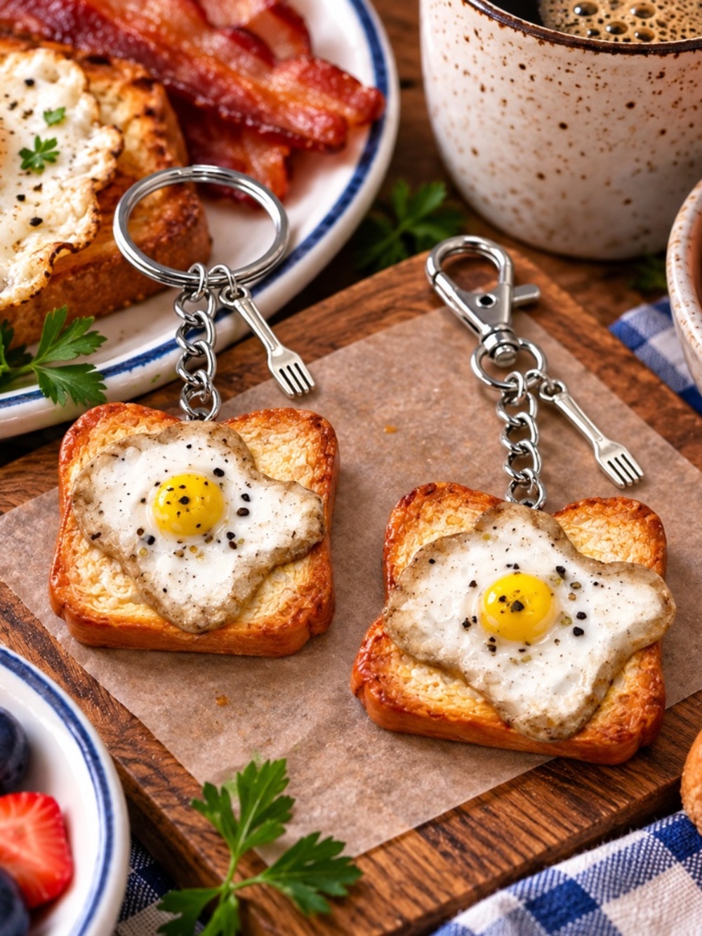 Fried Egg on Toast Keychain or Bag Clip | Handmade Breakfast Food Accessory